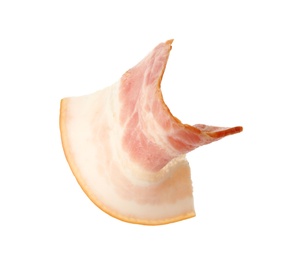 Slice of raw bacon on white background