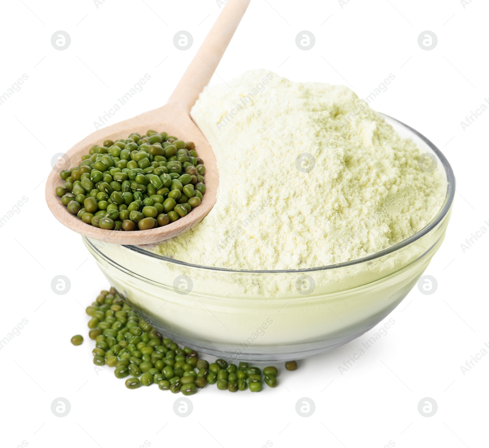 Photo of Bowl of flour, spoon and mung beans on white background