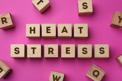 Wooden cubes with words Heat Stress on pink background, flat lay