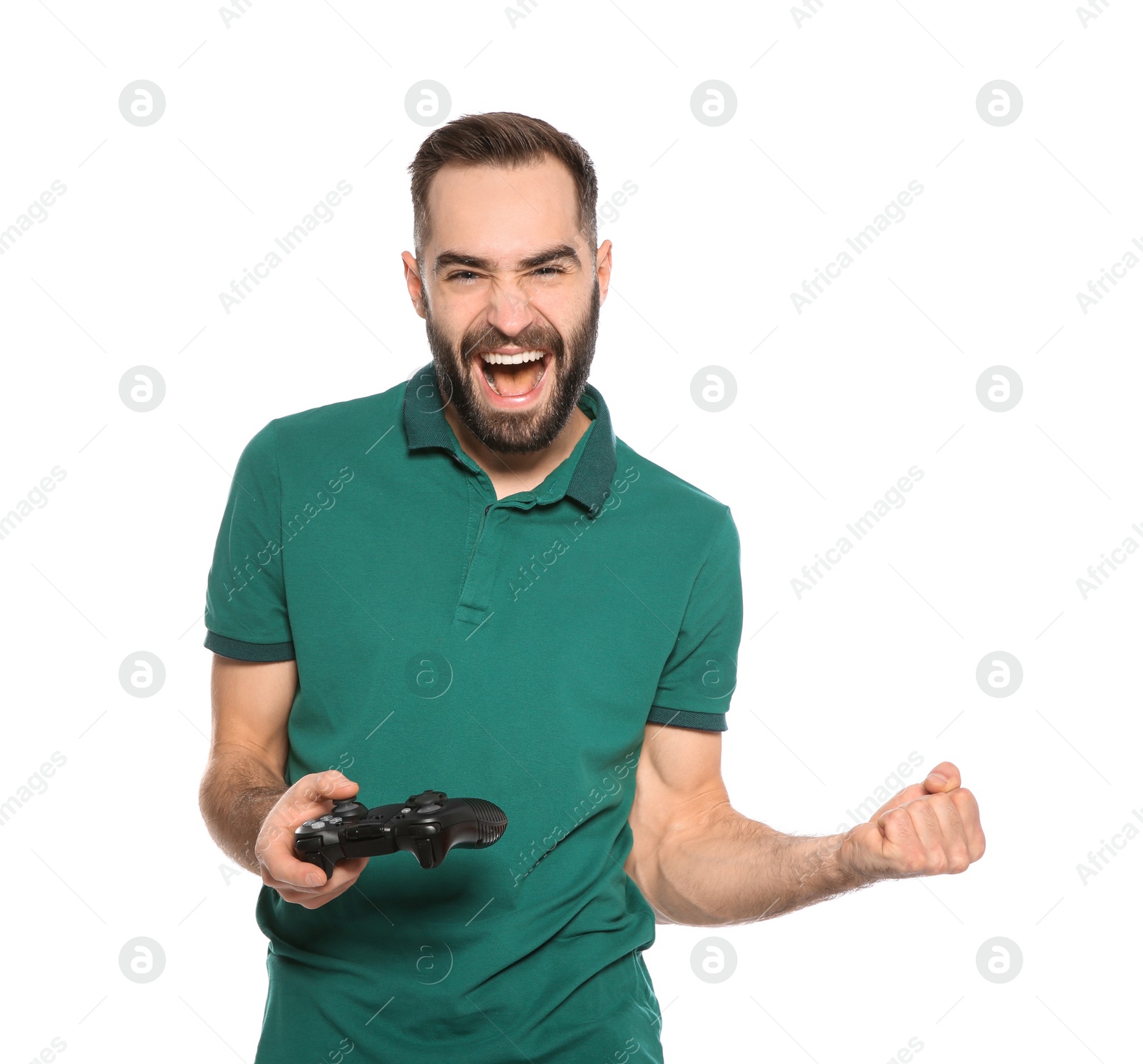 Photo of Emotional young man playing video games with controller isolated on white