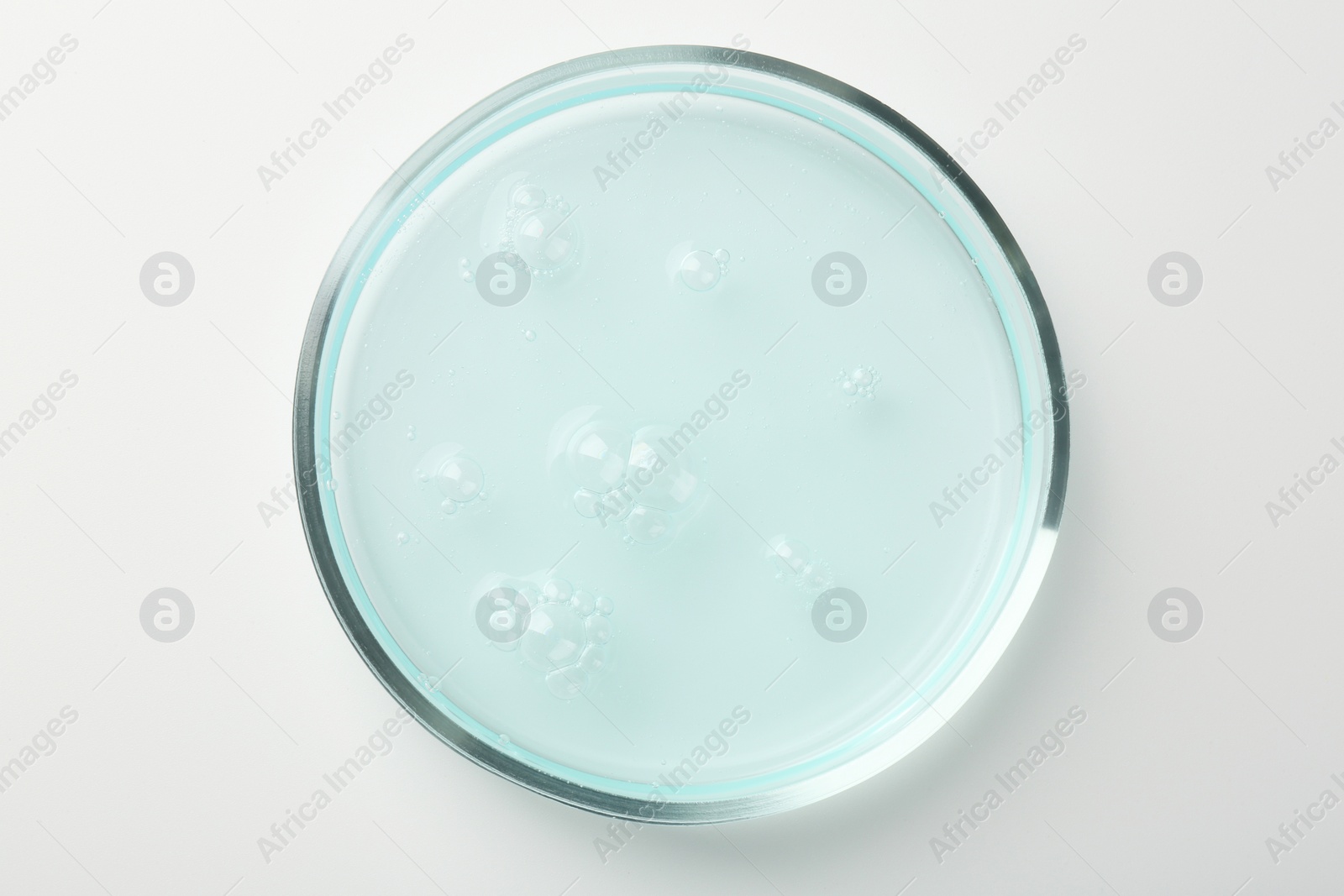 Photo of Petri dish with light blue liquid sample on white background, top view