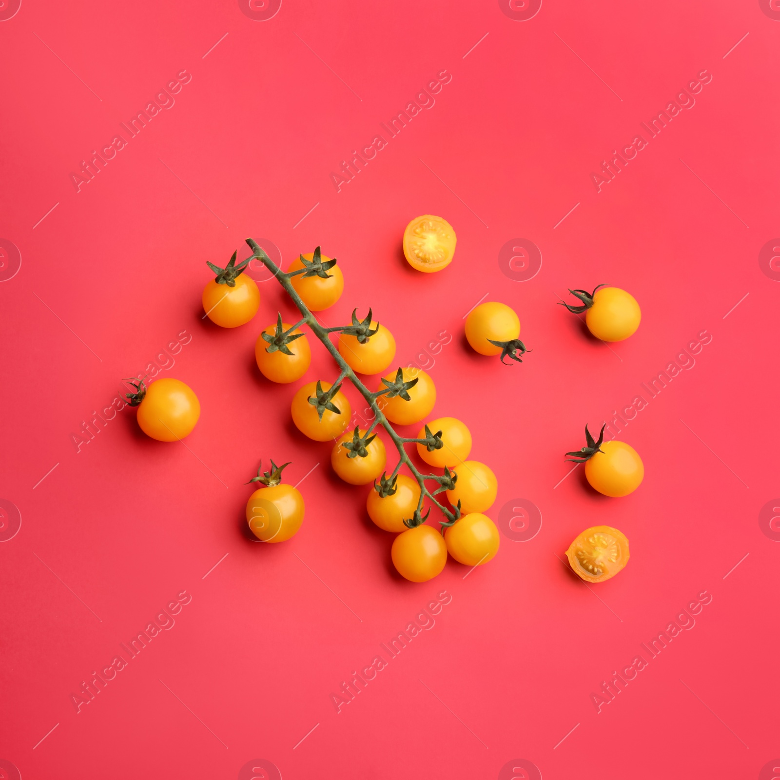 Photo of Yellow tomatoes on red background, flat lay