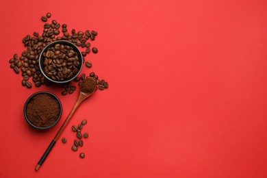 Photo of Ground coffee and roasted beans on red background, flat lay. Space for text