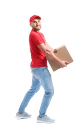 Full length portrait of man in uniform carrying carton box on white background. Posture concept