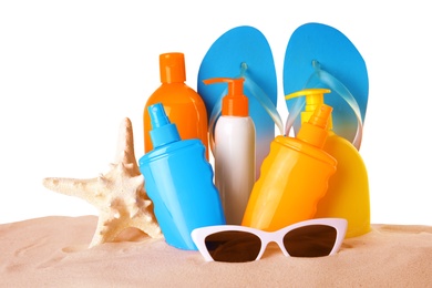 Photo of Composition with sun protection products on white background. Body care