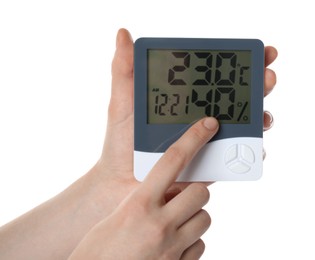 Photo of Woman using hygrometer on white background, closeup. Atmospheric humidity