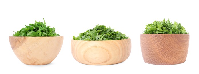 Image of Set with cut parsley in bowls isolated on white