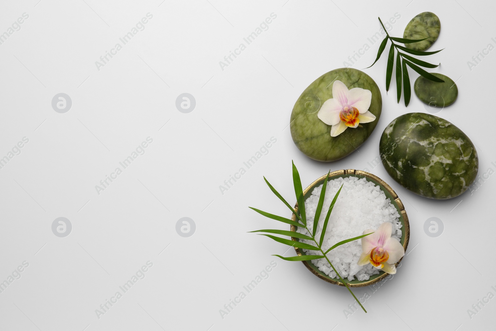 Photo of Flat lay composition with different spa products on white background. Space for text