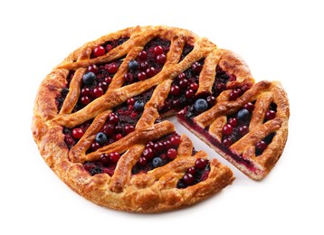 Photo of Delicious cut currant pie and fresh berries on white background
