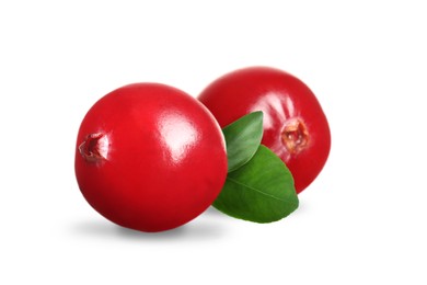 Image of Fresh ripe red cranberries and green leaves on white background