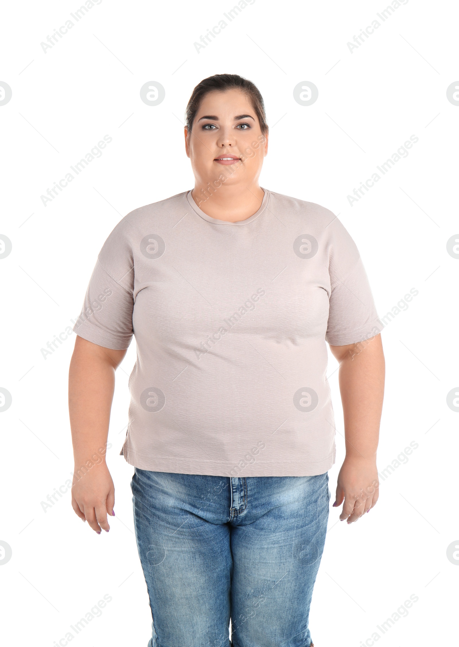 Photo of Portrait of overweight woman on white background