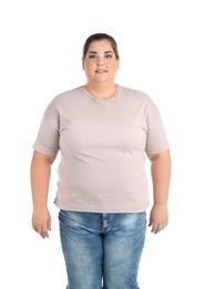 Portrait of overweight woman on white background