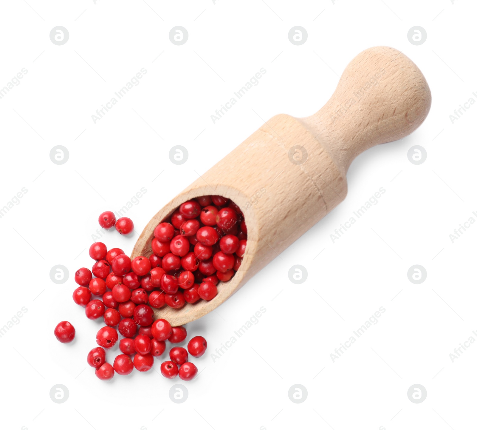 Photo of Aromatic spice. Red pepper in scoop isolated on white, top view