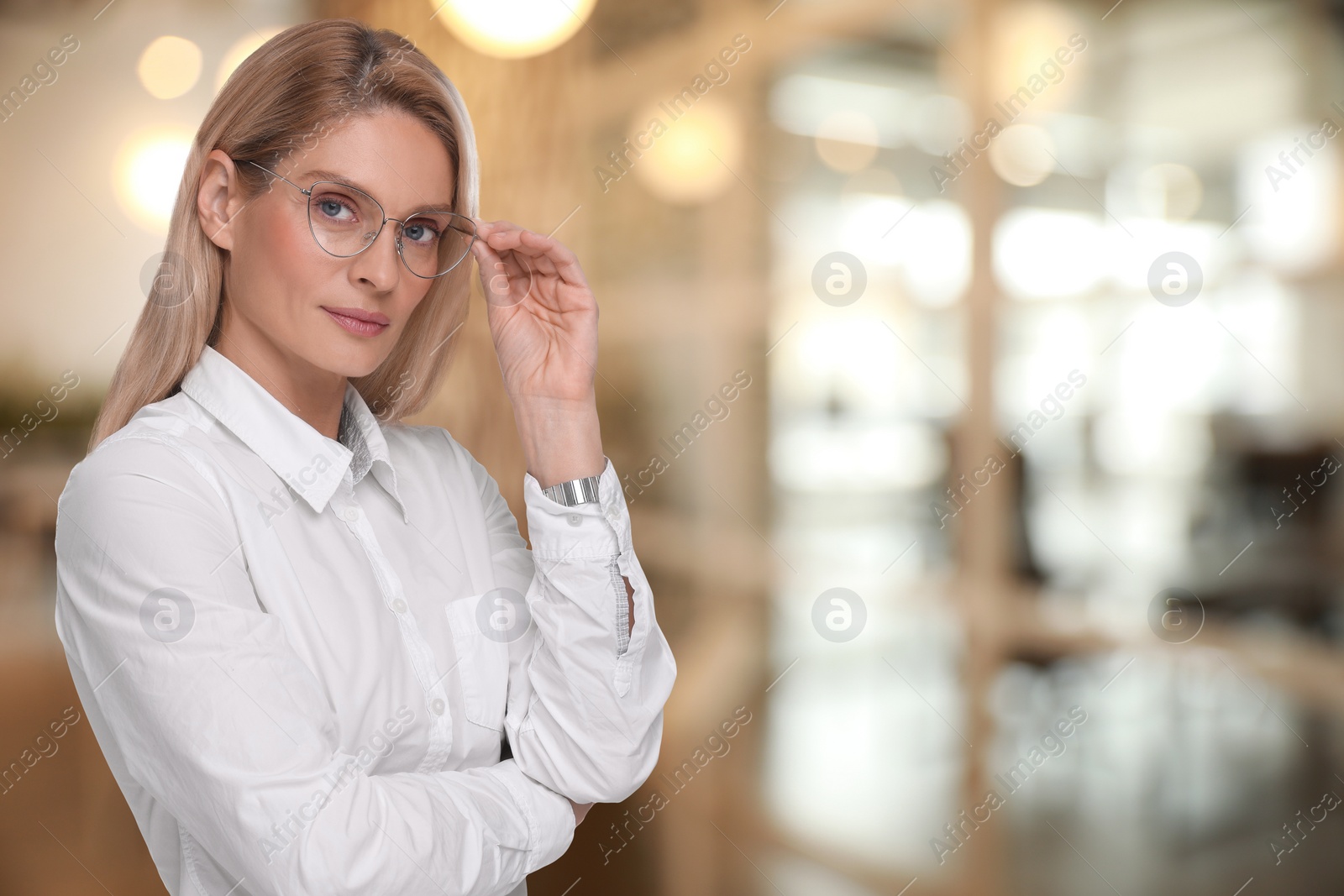 Image of Lawyer, consultant, business owner. Confident woman on blurred background, space for text