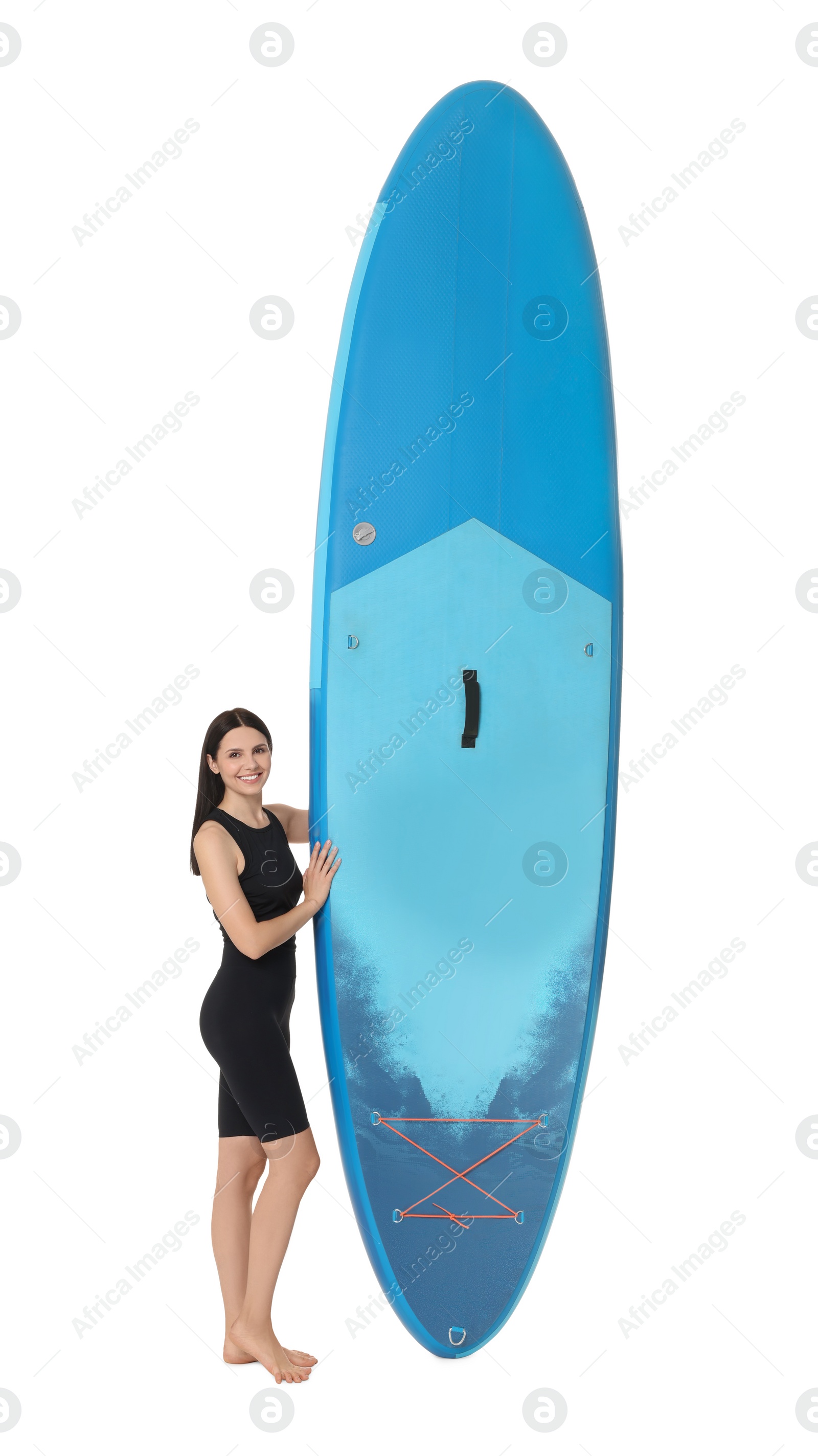 Photo of Happy woman with blue SUP board on white background