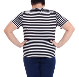 Photo of Overweight woman on white background, closeup. Weight loss