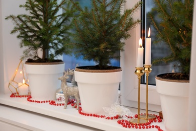 Small potted fir trees and Christmas decor on window sill indoors