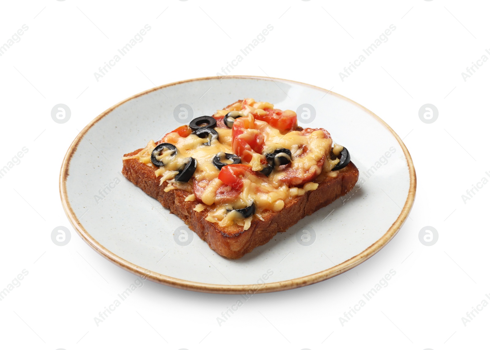 Photo of Plate with tasty pizza toast isolated on white