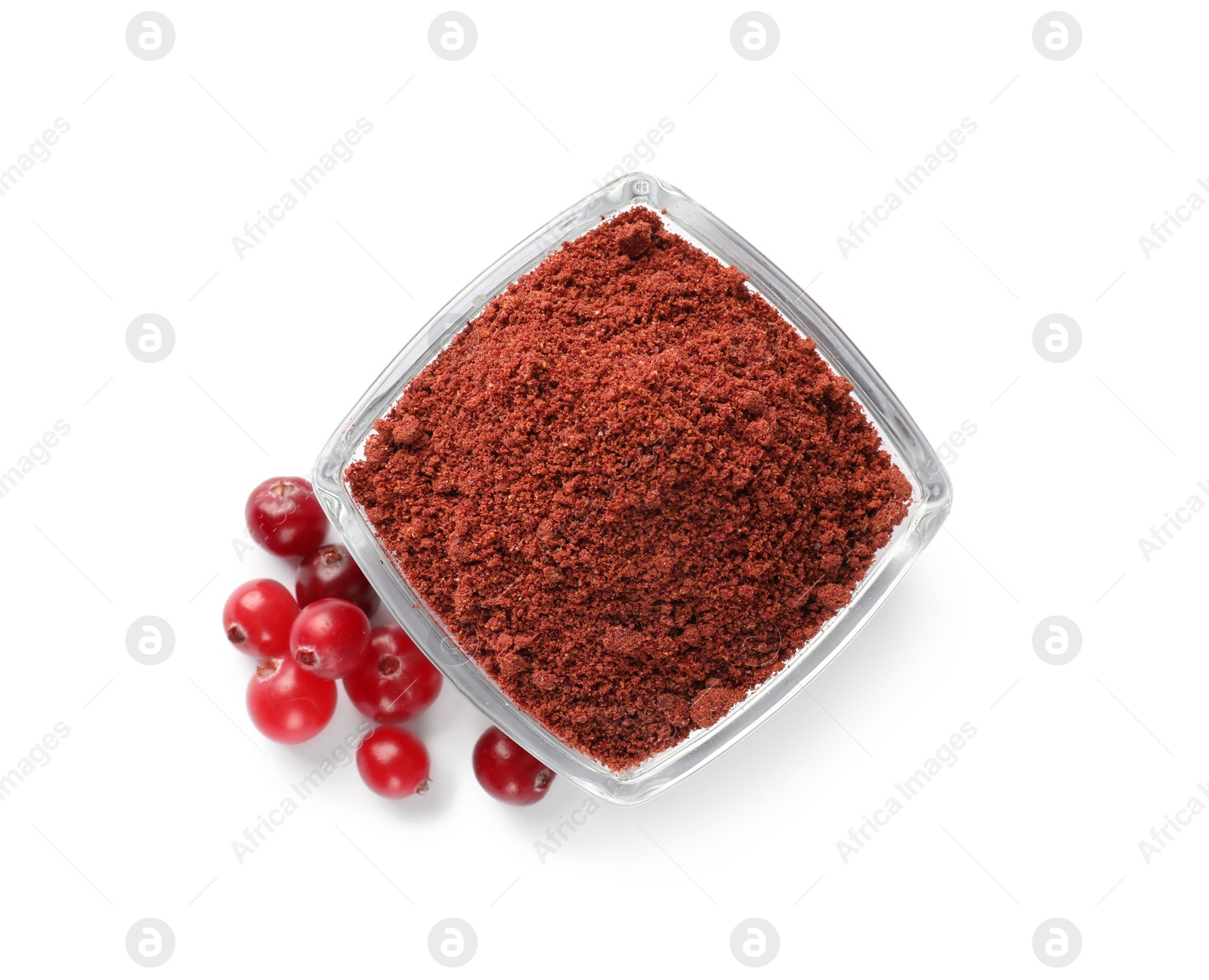 Photo of Cranberry powder in bowl and fresh berries isolated on white, top view