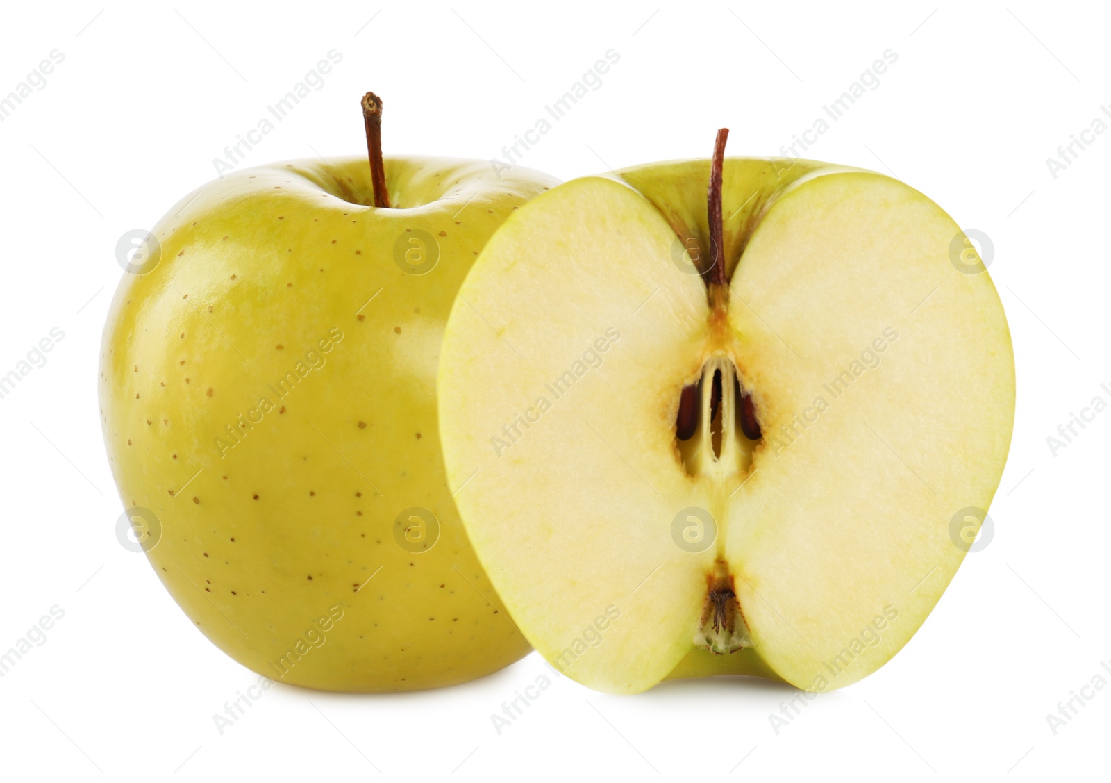 Image of Cut and whole yellow apples on white background