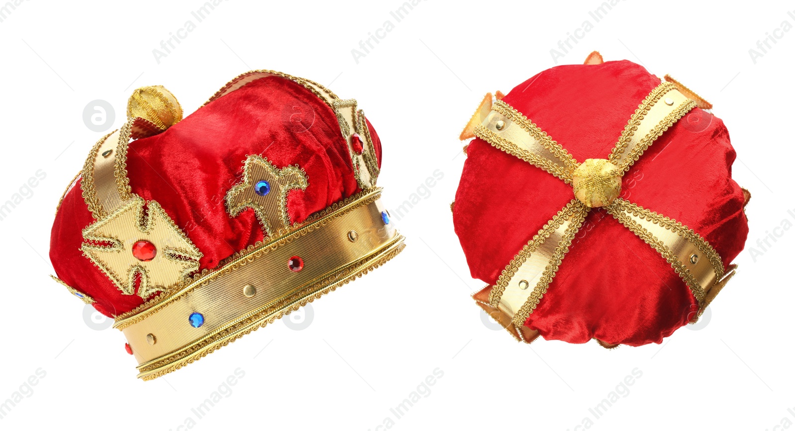 Image of Beautiful crown with gemstones on white background, side and top views