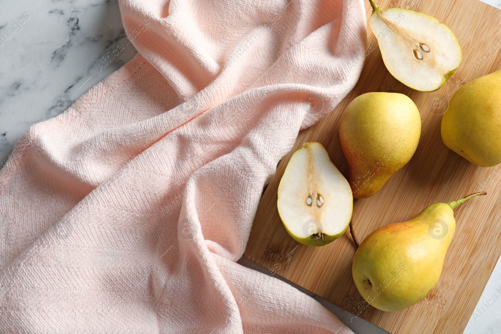 Photo of Flat lay composition with ripe pears on marble background