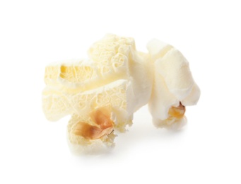 Photo of Delicious salty popcorn on white background