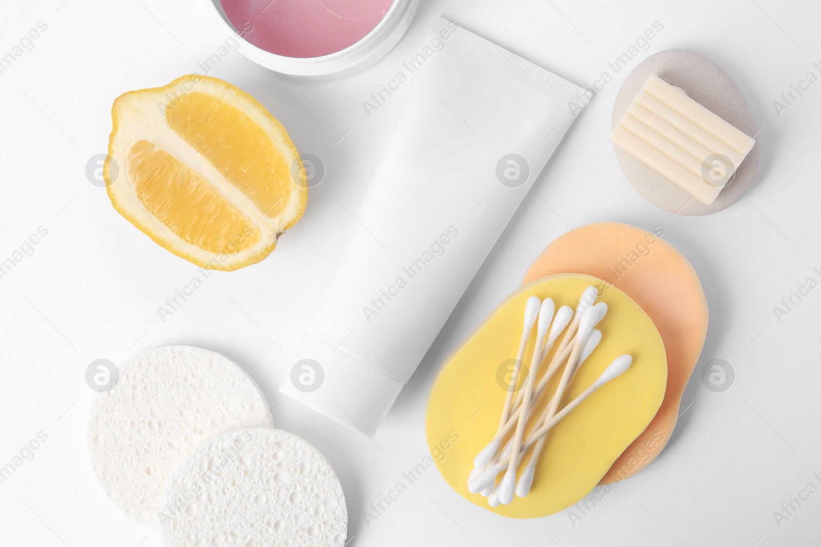 Photo of Lemon face wash. Fresh citrus fruits and personal care products on white background, flat lay