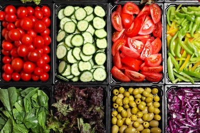 Photo of Salad bar with different fresh ingredients as background, top view