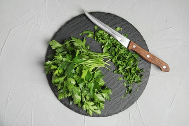 Photo of Slate plate with fresh green parsley and knife on grey background, top view