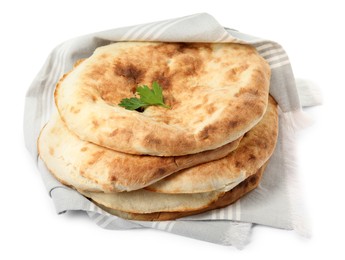 Delicious fresh pita bread with napkin on white background