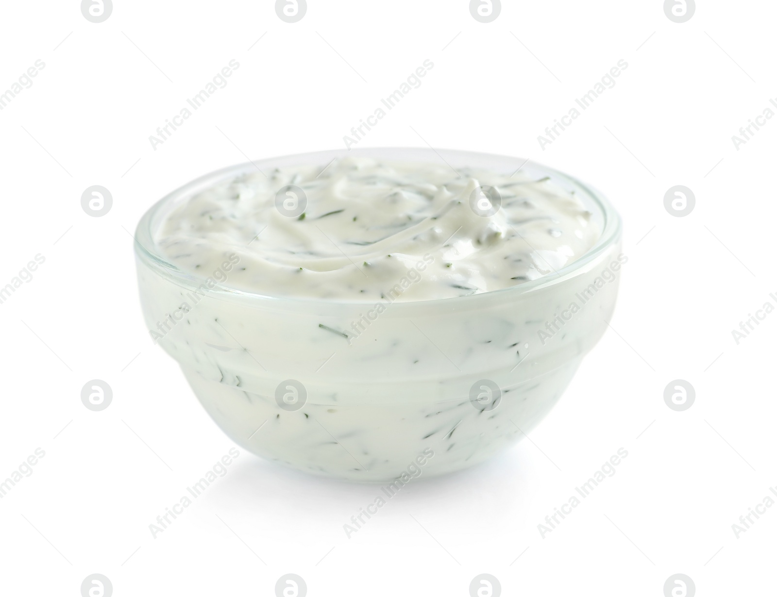 Photo of Delicious tartar sauce in bowl on white background