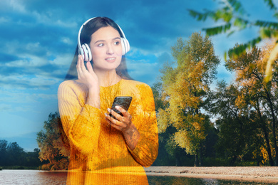 Image of Double exposure of picturesque autumn landscape and beautiful woman in headphones listening to music
