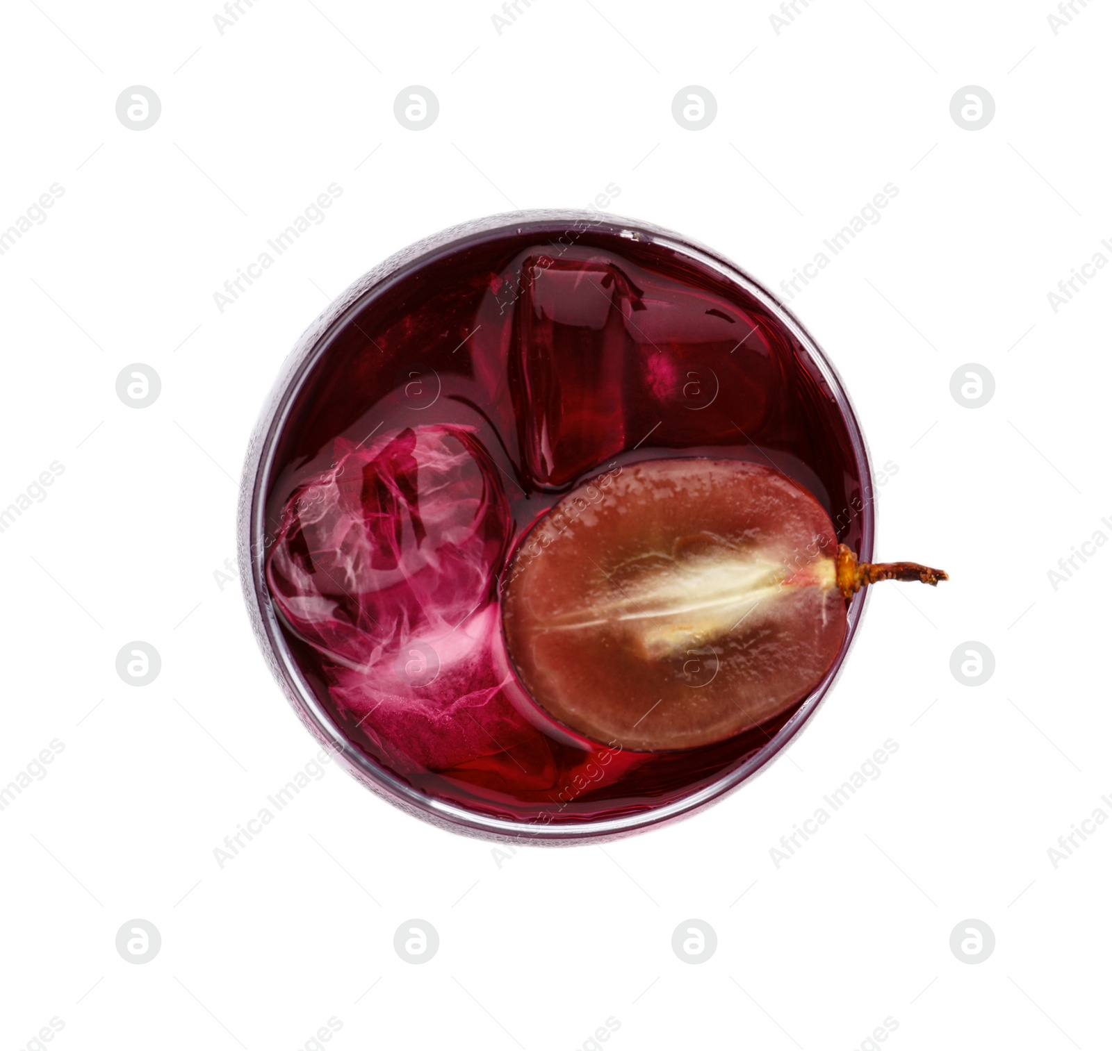 Photo of Delicious grape soda water isolated on white, top view. Refreshing drink