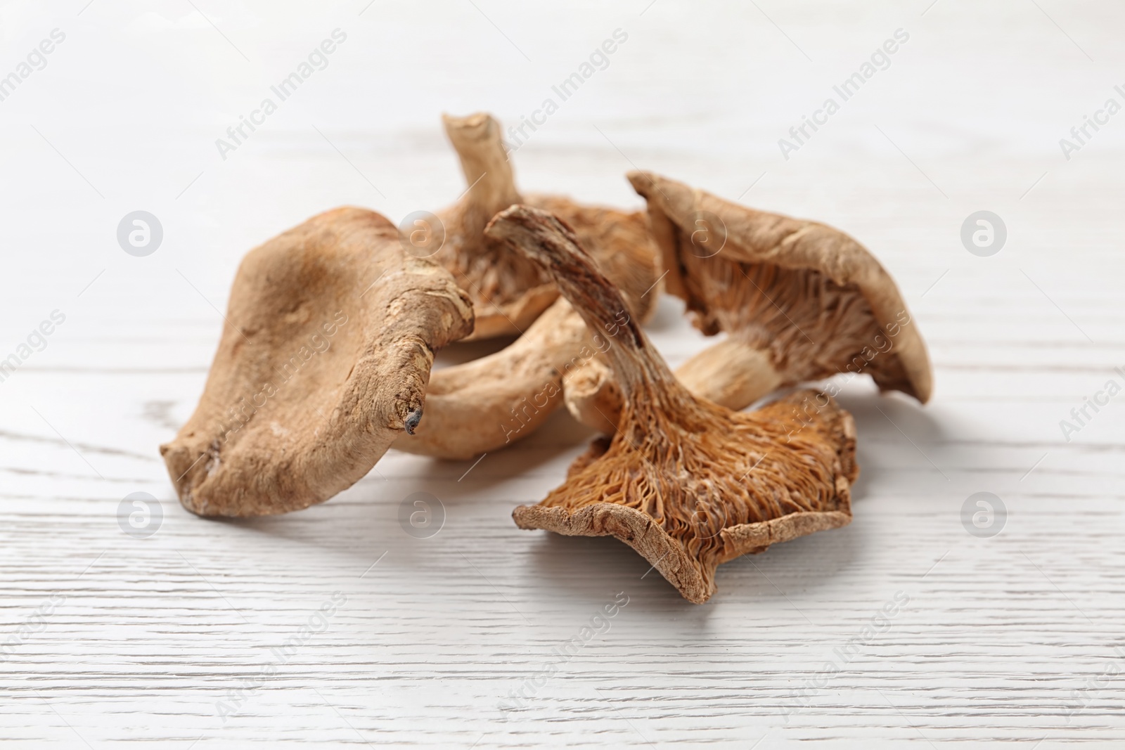 Photo of Dried mushrooms on white wooden background, closeup