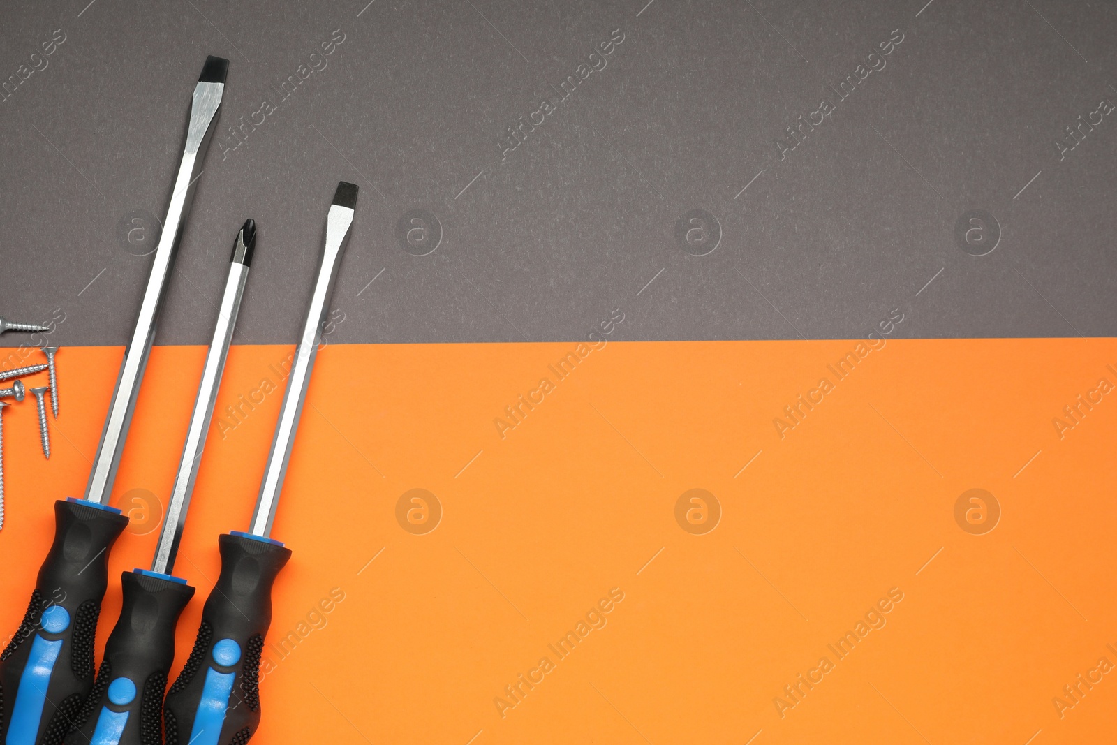 Photo of Set of screwdrivers and screws on color background, flat lay. Space for text