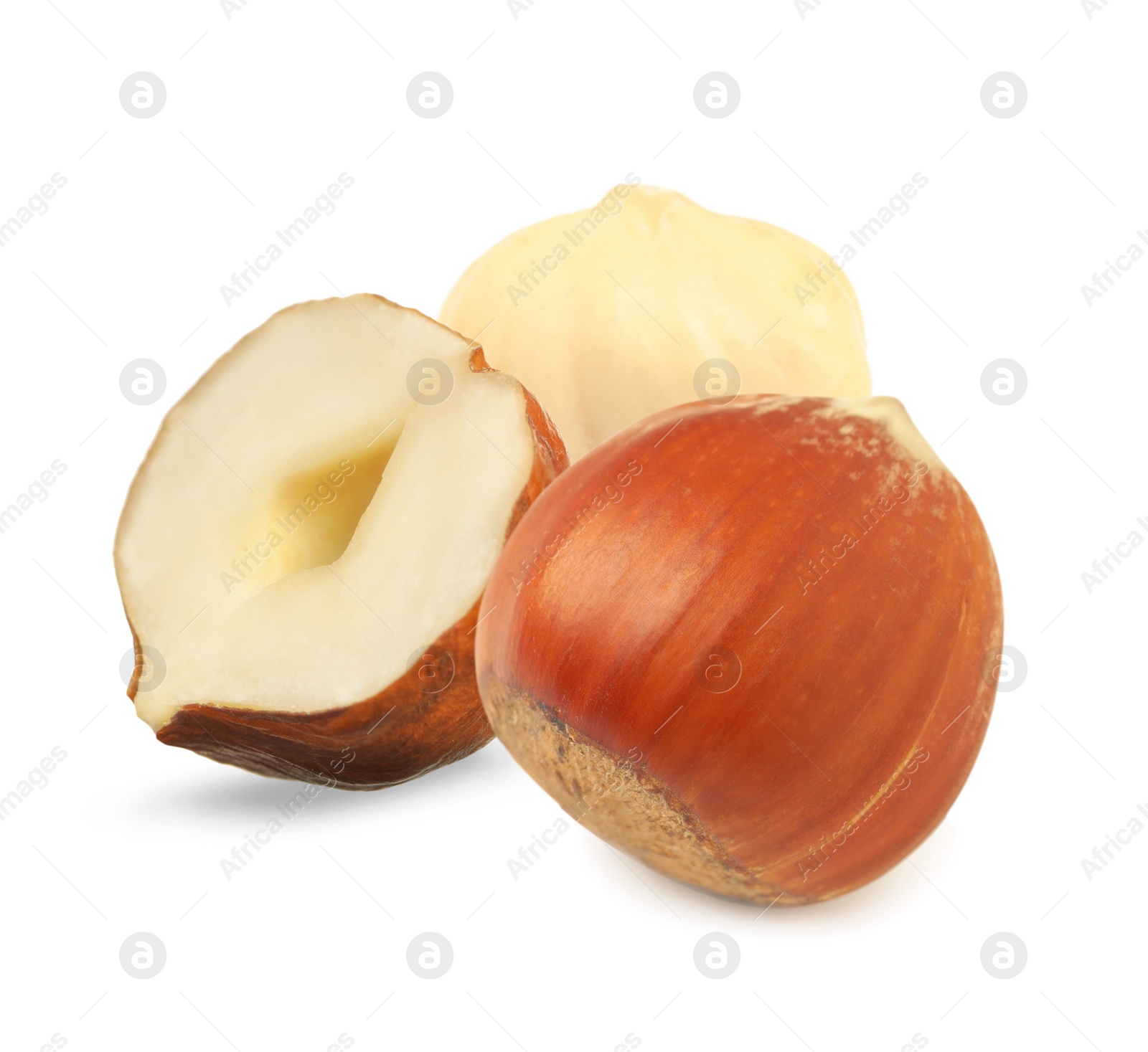 Image of Tasty organic hazelnuts on white background. Healthy snack