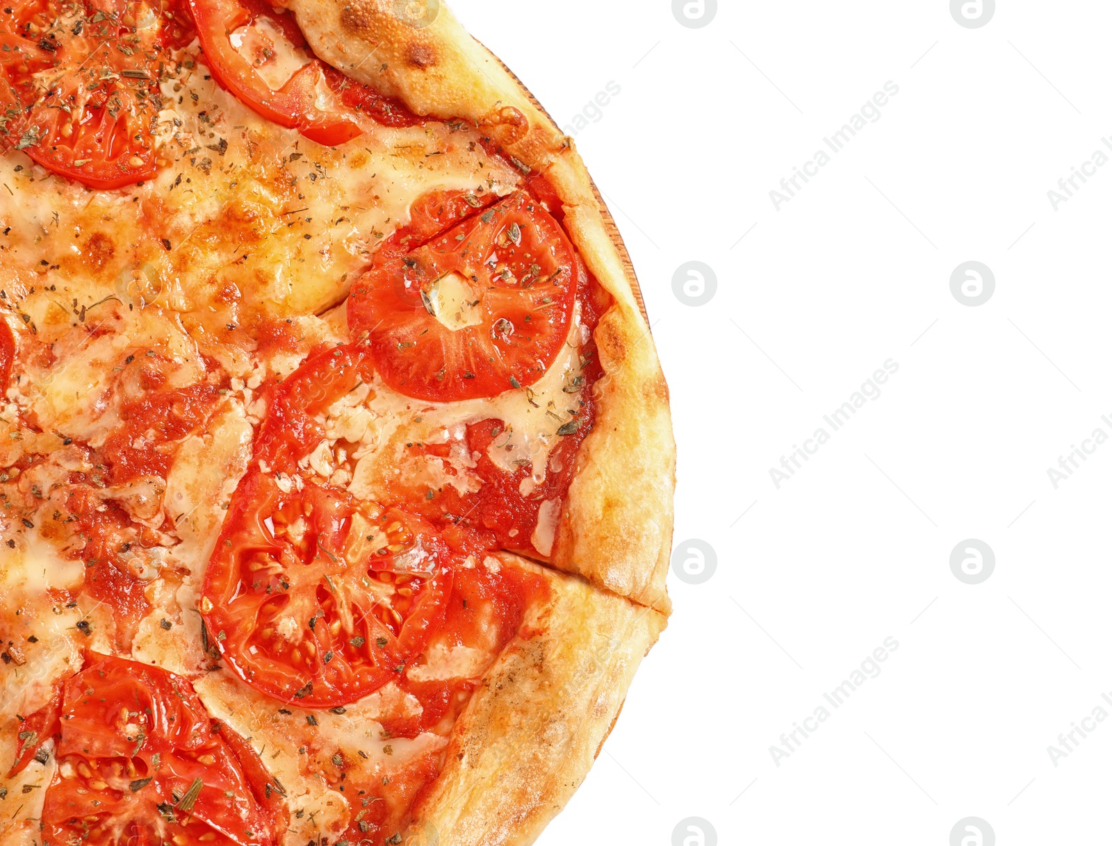 Photo of Hot cheese pizza Margherita on white background, top view. Space for text