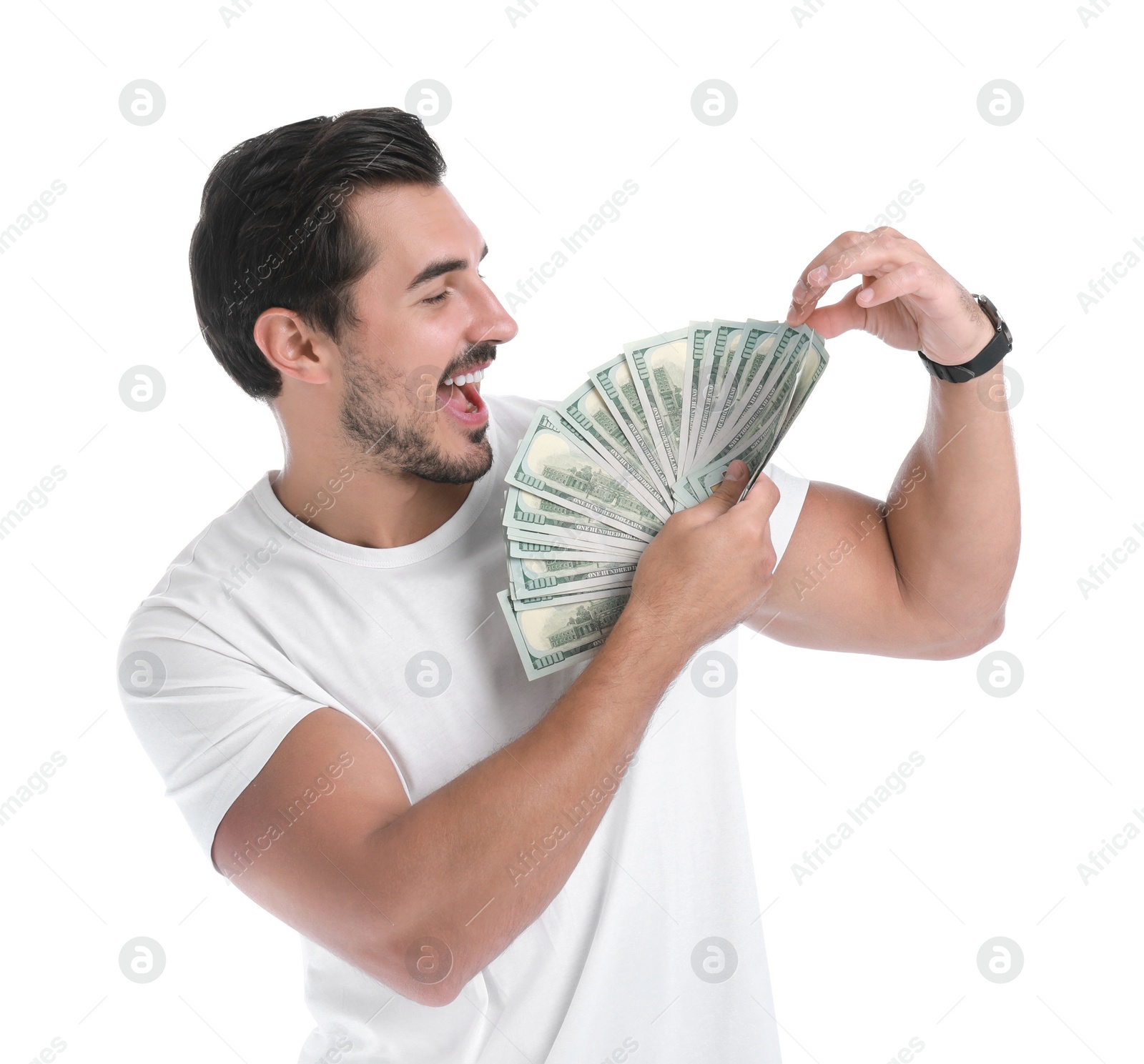 Photo of Handsome young man with dollars on white background