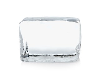 One cube of clear ice isolated on white