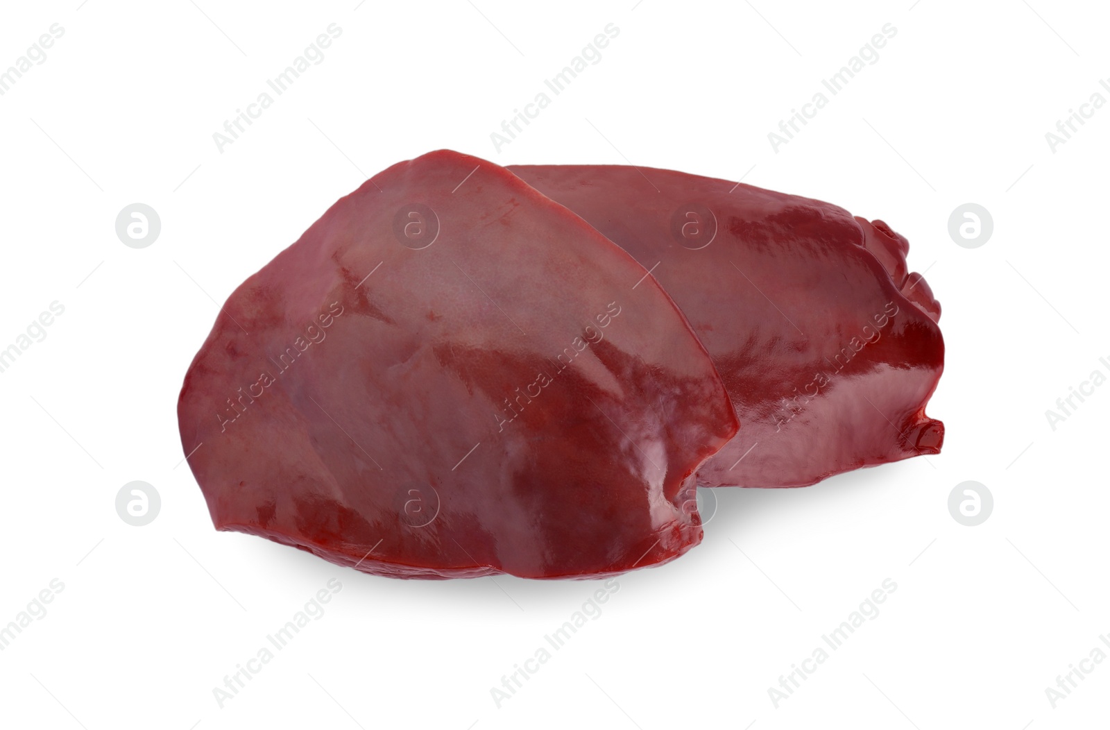 Photo of Pieces of raw beef liver isolated on white