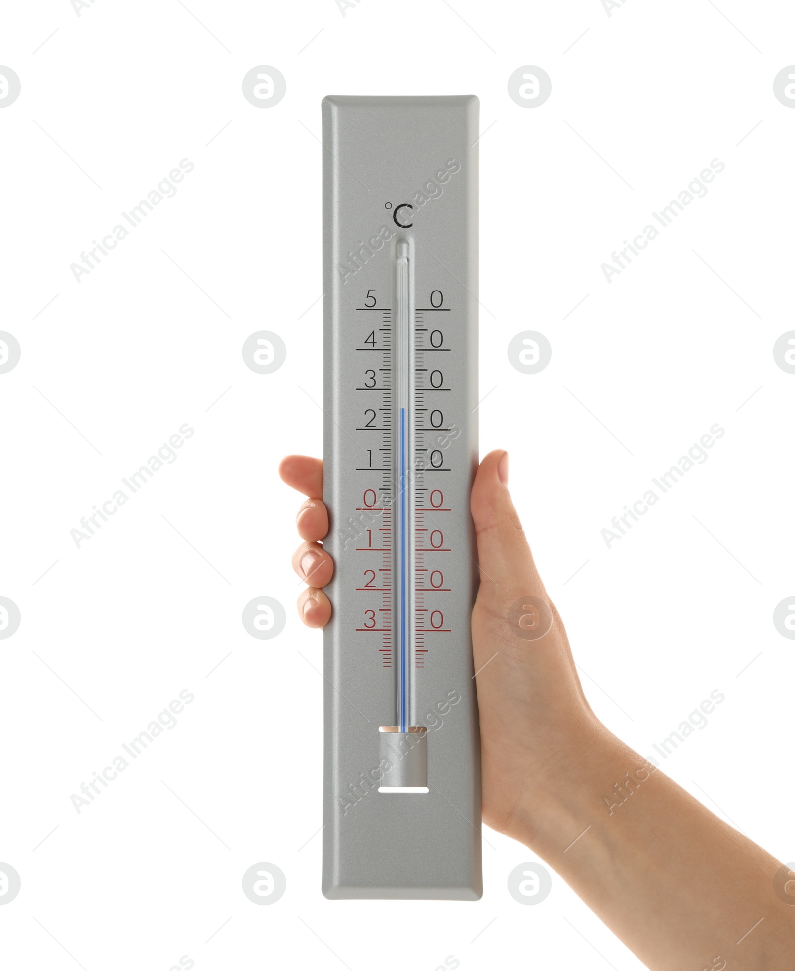 Photo of Woman holding weather thermometer on white background, closeup