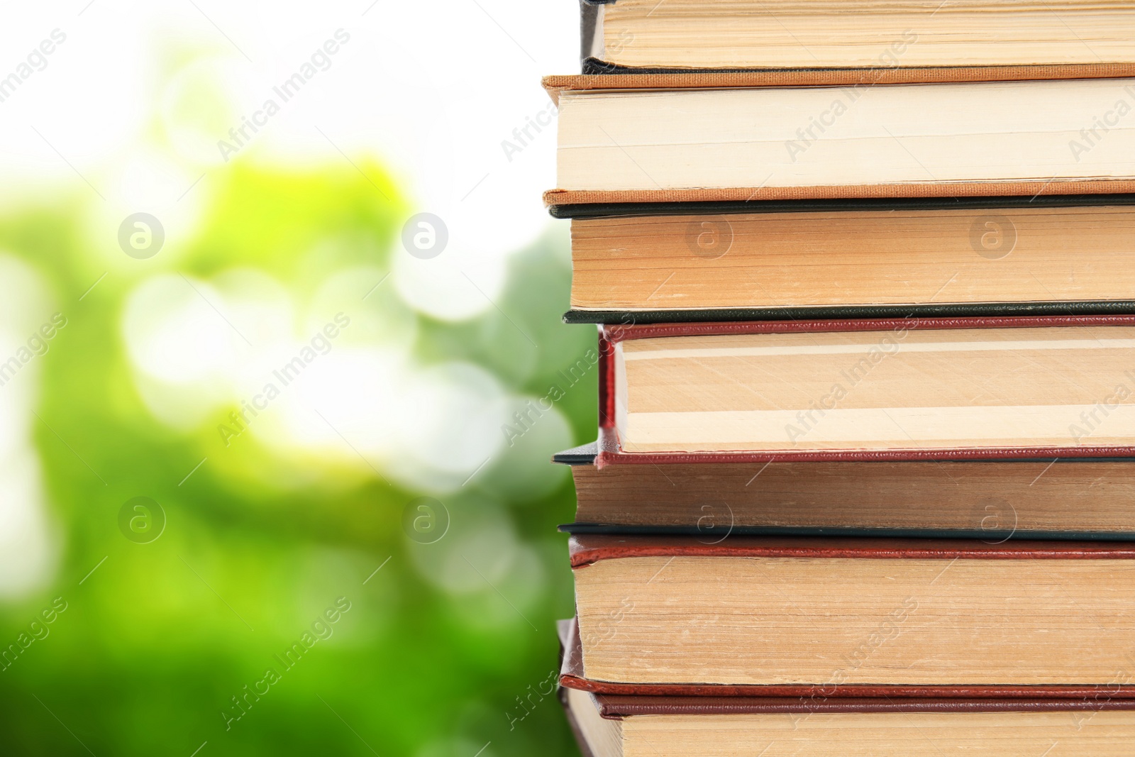 Image of Collection of different books on blurred green background, space for text