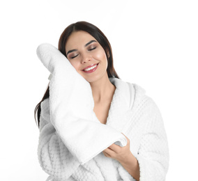 Photo of Young woman wiping face with towel on white background