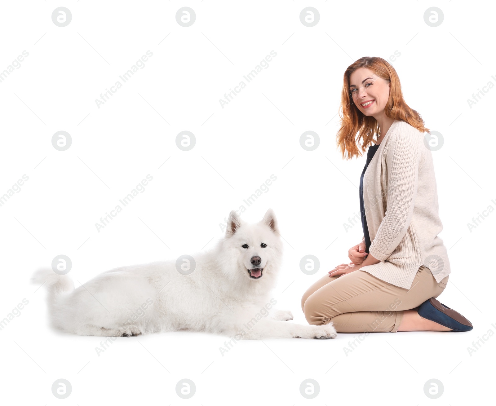 Photo of Beautiful woman with her cute dog on white background