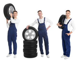 Image of Collage with photos of young male mechanic and tires on white background. Auto store 