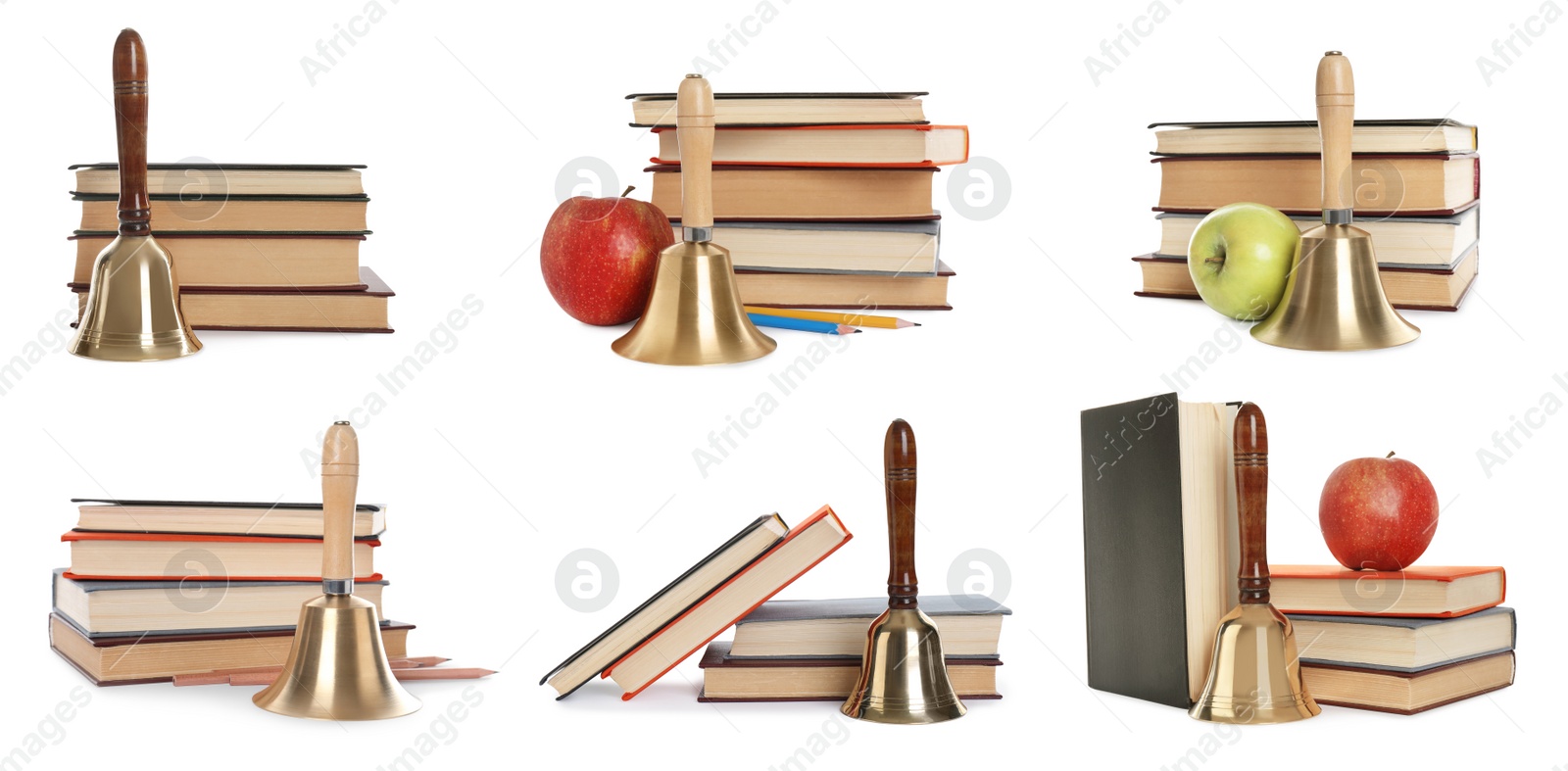 Image of Set with school bells and books on white background. Banner design