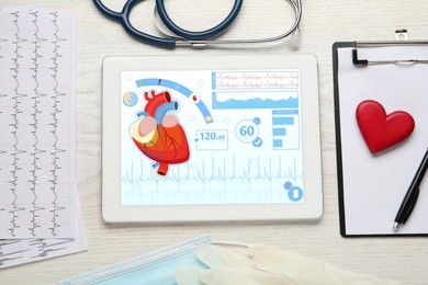 Flat lay composition with tablet and red heart on white wooden table. Cardiology concept