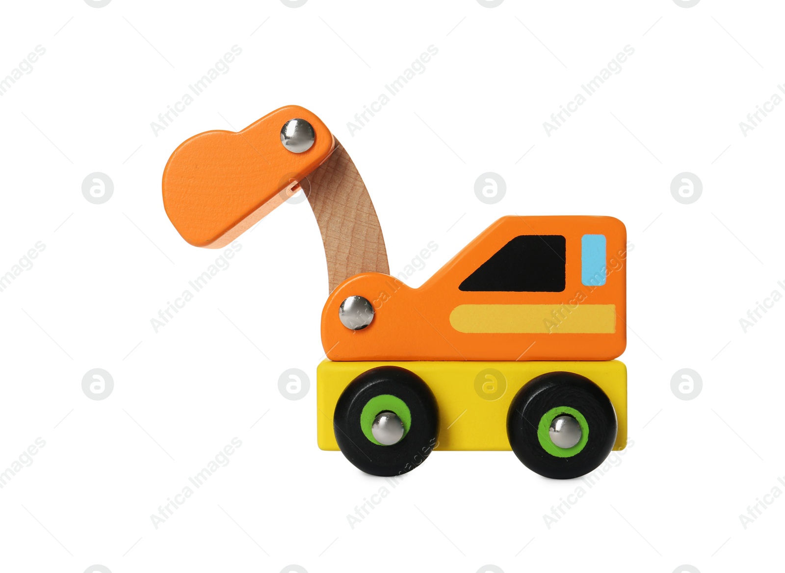 Photo of One excavator isolated on white. Children's toy