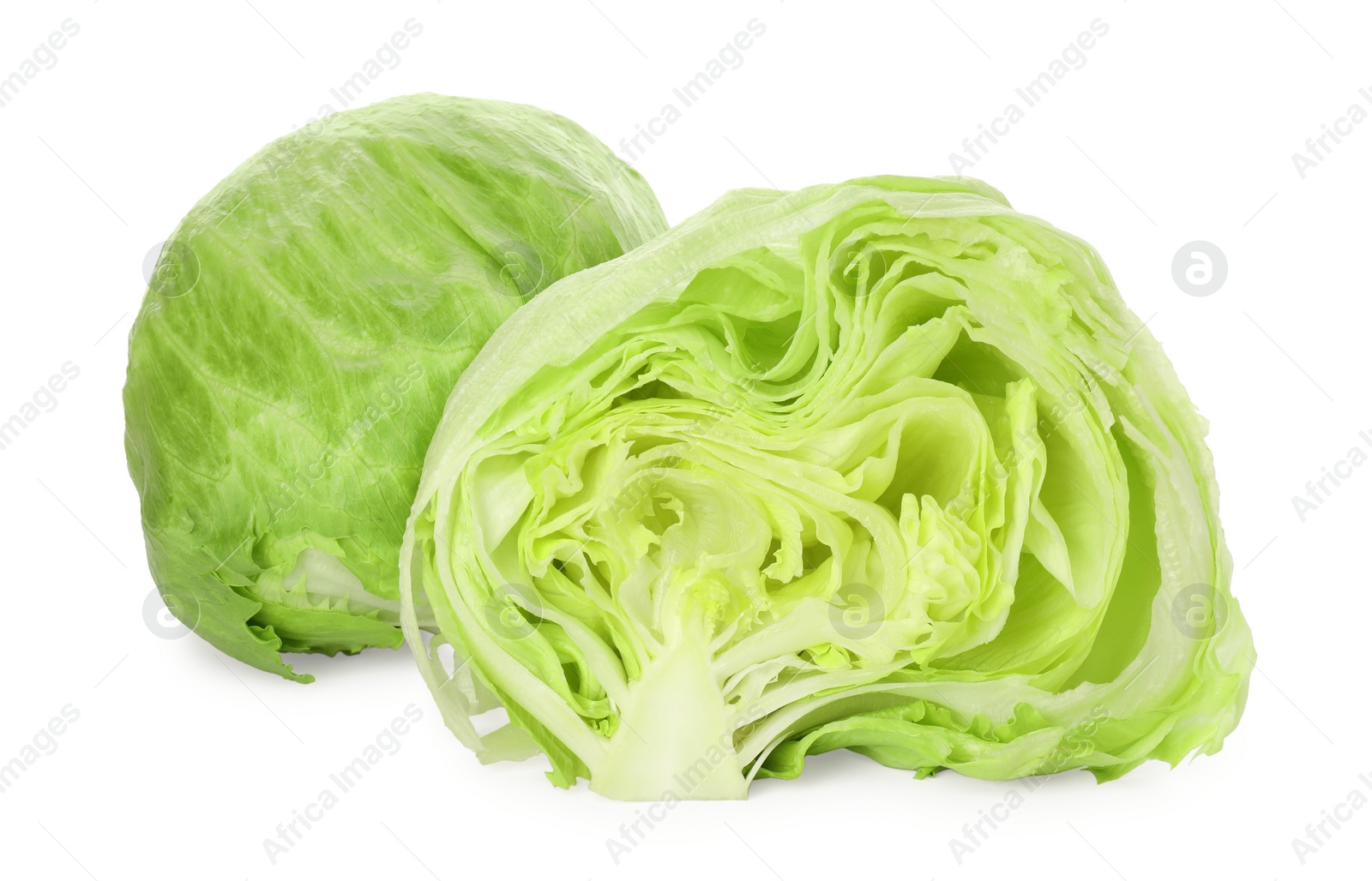 Photo of Whole and cut fresh green iceberg lettuces isolated on white